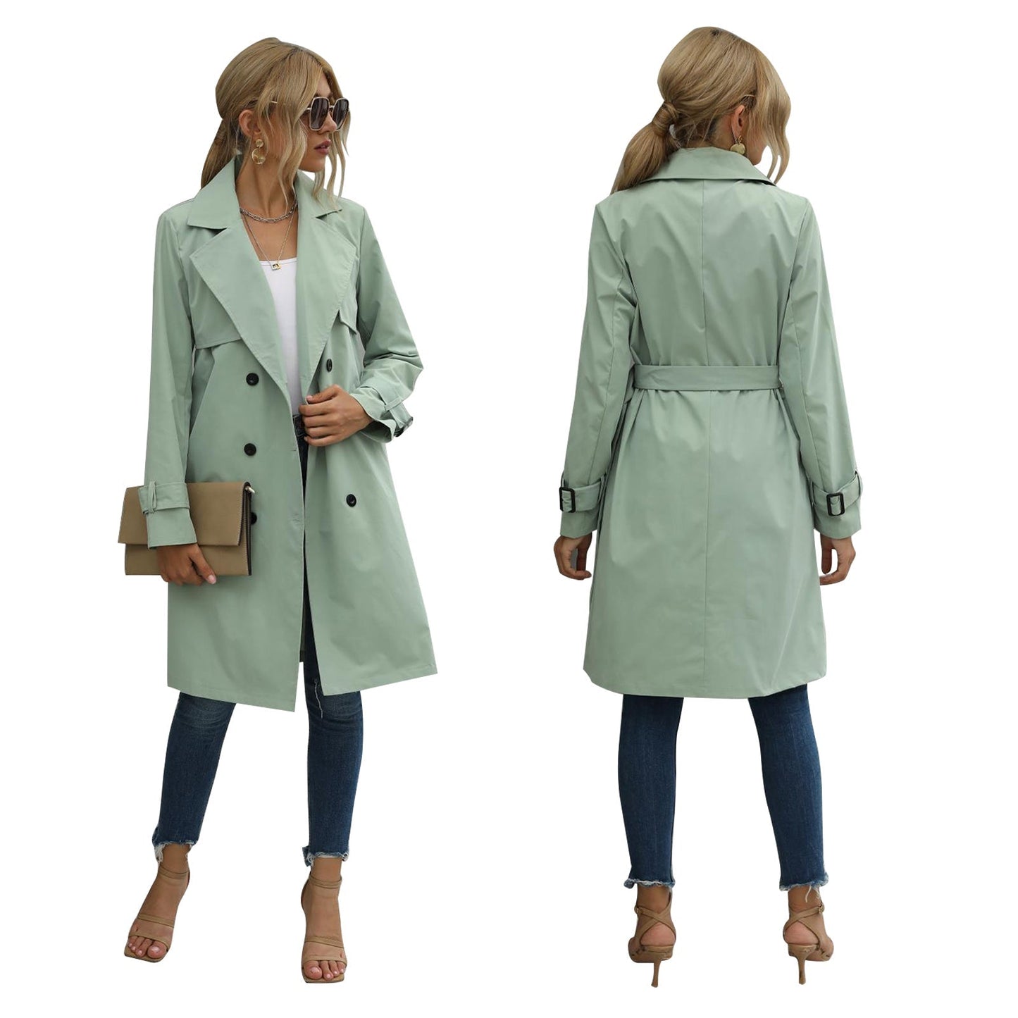 Elegantia Damen Midi Trenchcoat Jacke in Uni Farbe mit Doppelknopfverschluss