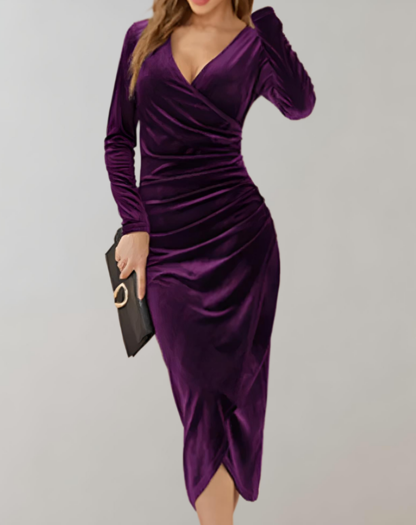 Amara - luxuriöses Wickelkleid aus Samt mit langen Ärmeln