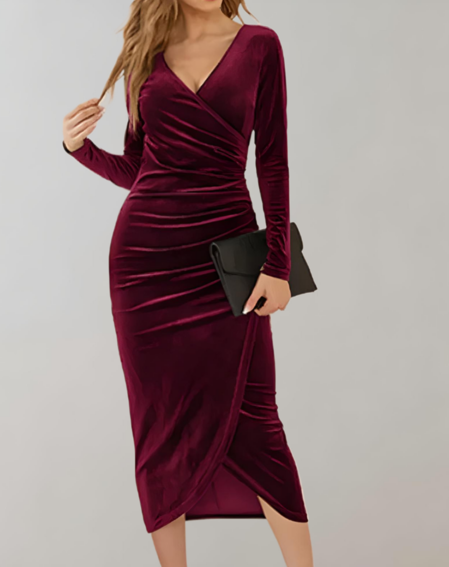 Amara - luxuriöses Wickelkleid aus Samt mit langen Ärmeln