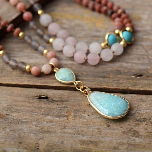 tief reinigende pastellfarbene mala-perlenkette aus amazonit und rosenquarz