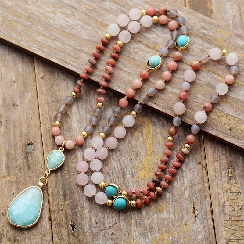 tief reinigende pastellfarbene mala-perlenkette aus amazonit und rosenquarz