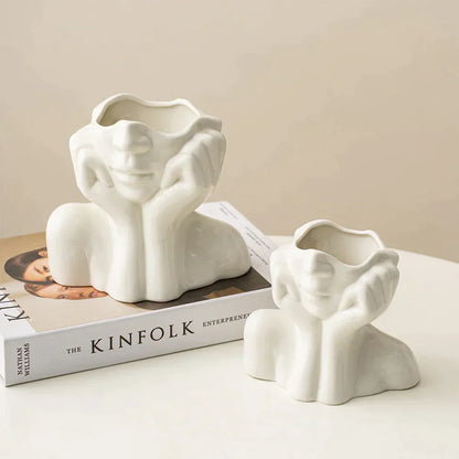 FaceVase Keramik-Design-Vase in Form eines Gesichts mit Händen