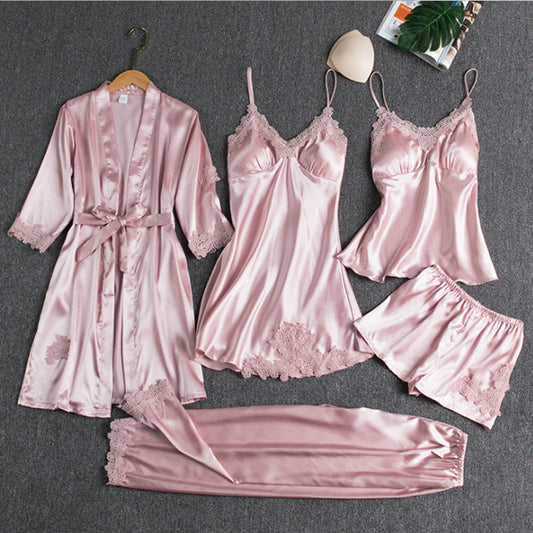 Olivia Satin Luxus weiblichen Pyjama Set von Nachthemd Bademantel Shirt lang und Kurze HosenHosen