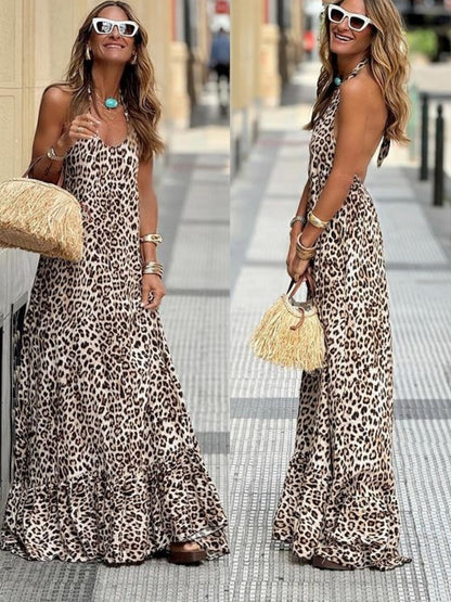 Liva - Weites Maxi Halfter Kleid mit tiefem Rücken Leopard Druck Bequem und stilvoll