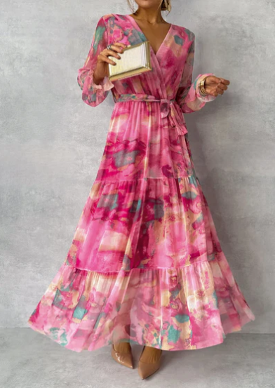 Mila - Aquarellrosa Faux Wrap Maxikleid mit V-Ausschnitt und Taillenband langen Ärmeln