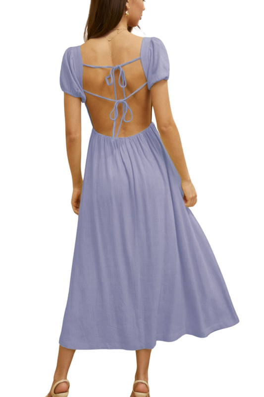 Emma - Lavendel Leinen offener Rücken kurze Ärmel Midikleid mit 2 horizontalen Schnüren für Sommer und Frühling