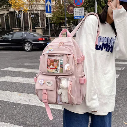 Jan - Niedlicher Schulrucksack für Kinder mit transparenten Taschen für Plüsch Tiere Aufkleber und Bilder