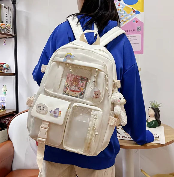 Jan - Niedlicher Schulrucksack für Kinder mit transparenten Taschen für Plüsch Tiere Aufkleber und Bilder