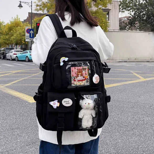 Jan - Niedlicher Schulrucksack für Kinder mit transparenten Taschen für Plüsch Tiere Aufkleber und Bilder