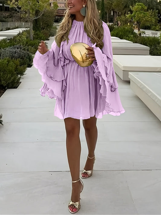 Betsie - Pastellfarbenes Chiffon-Minikleid mit elastischer Taille, hohem Ausschnitt und weiten, langen Ärmeln