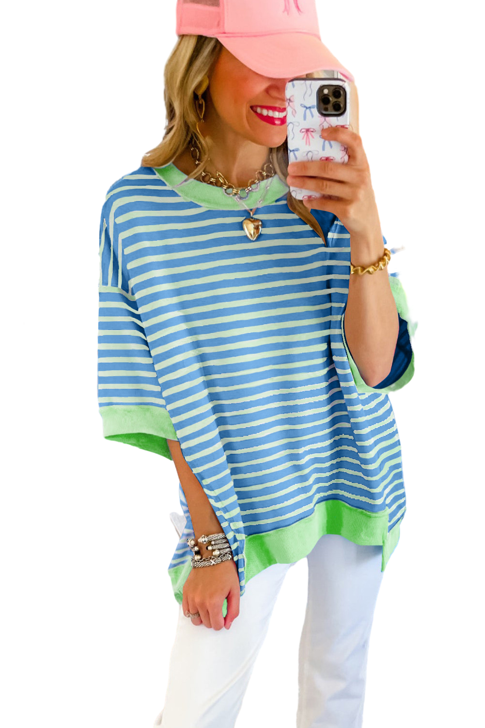 Anna - Horizontal gestreiftes, locker sitzendes T-Shirt mit Kontrastbesatz und weiten, kurzen Ärmeln