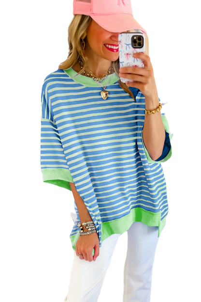 Anna - Horizontal gestreiftes, locker sitzendes T-Shirt mit Kontrastbesatz und weiten, kurzen Ärmeln