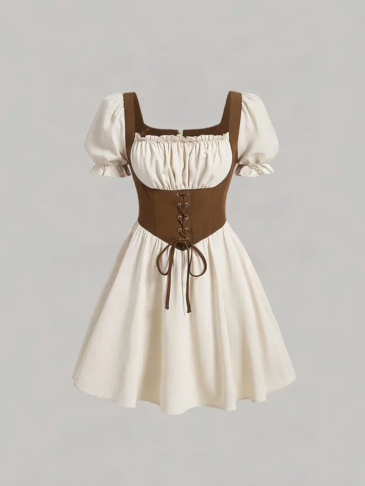 Agnes - Beige mit braunem Oktoberfest-Faltenkleid mit Korsettschnüren