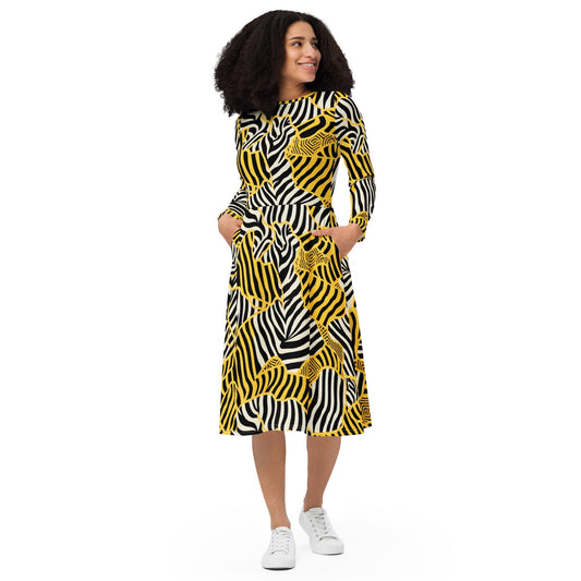 Astrid - Zebralicious Langärmeliges Midikleid mit hohem Ausschnitt in Schwarz Weiß Gelb Safari Print