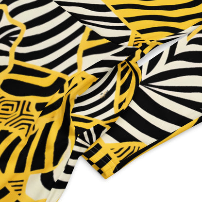Astrid - Zebralicious Langärmeliges Midikleid mit hohem Ausschnitt in Schwarz Weiß Gelb Safari Print