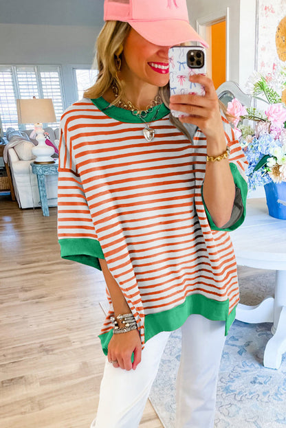 Anna - Horizontal gestreiftes, locker sitzendes T-Shirt mit Kontrastbesatz und weiten, kurzen Ärmeln