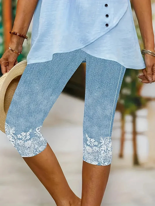 Laura - elastische Taille Capris unterhalb des Knies Leggings mit geblümter Boden