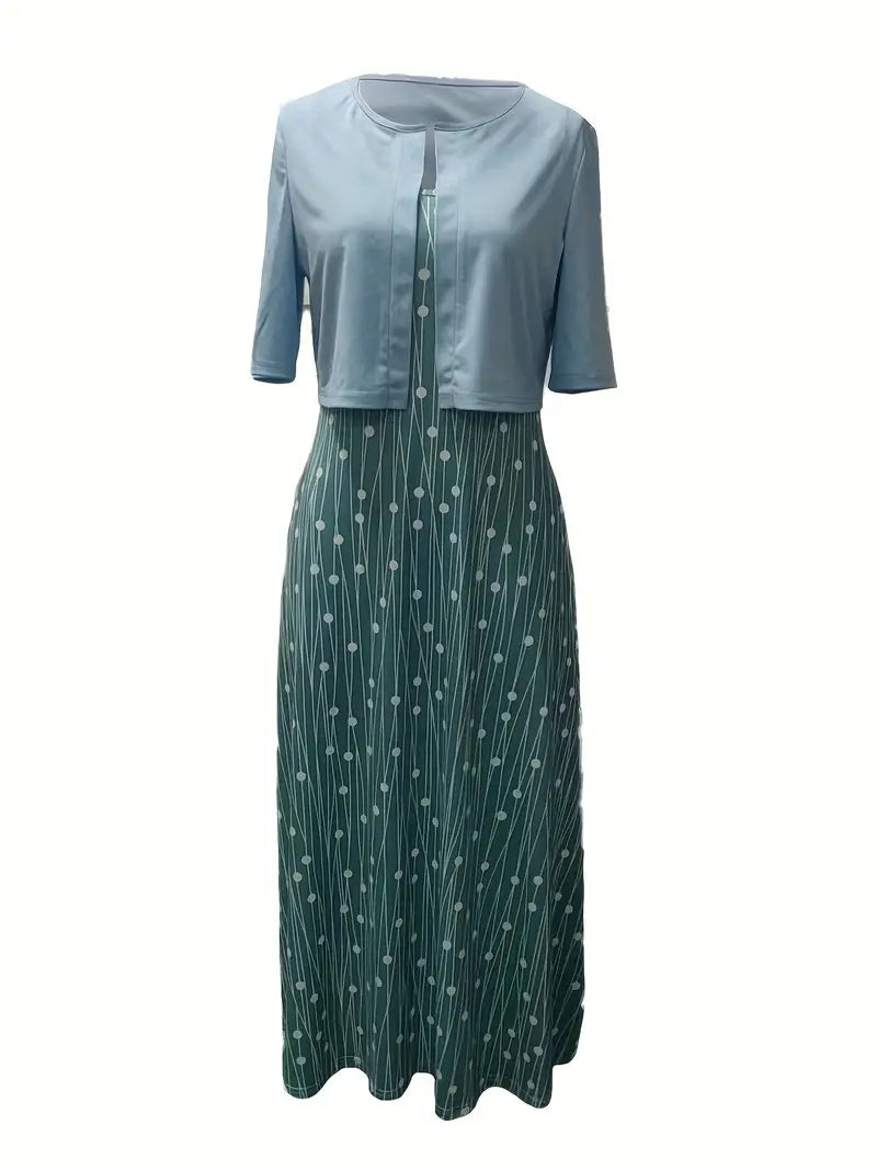 Anna - Elegantes zweiteiliges Set aus einfarbigem Strickjackenoberteil und geblümtem Kleid mit Rundhalsausschnitt