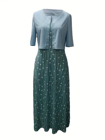 Anna - Elegantes zweiteiliges Set aus einfarbigem Strickjackenoberteil und geblümtem Kleid mit Rundhalsausschnitt