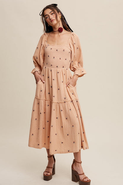 Sophia - Schulterfreies besticktes Midikleid