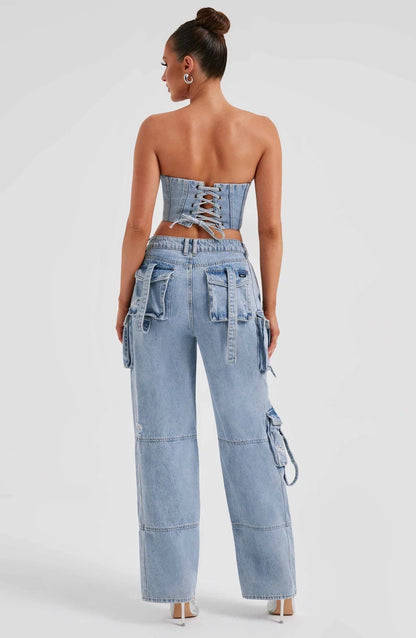 Mila - Stilvolles zweiteiliges Denim-Set aus trägerlosem Top und Cargo-Hose mit Taschen