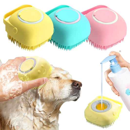 3 Stück weiche saubere Fell Haustier Dusche Bürste mit Tasche für Seife zu schrubben alle Schmutz weg in Blau Gelb und Rosa