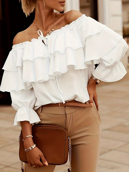 Trijntje - Chiffon schulterfreies Top mit halben Ärmeln