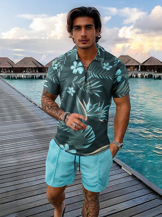 Max - Zweiteiliges Sommer-Strand-Set aus Shorts und Top mit kurzen Ärmeln und Reißverschlusskragen für Männer