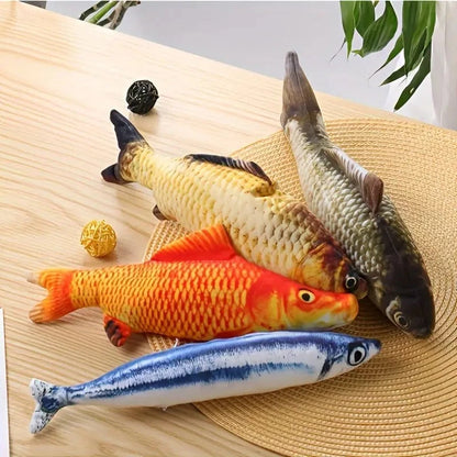 4 Stück bewegliches Fischspielzeug für Katzen für ein fittes und gesundes Haustier (Karpfen, Lachs, Arowana und Goldfisch)