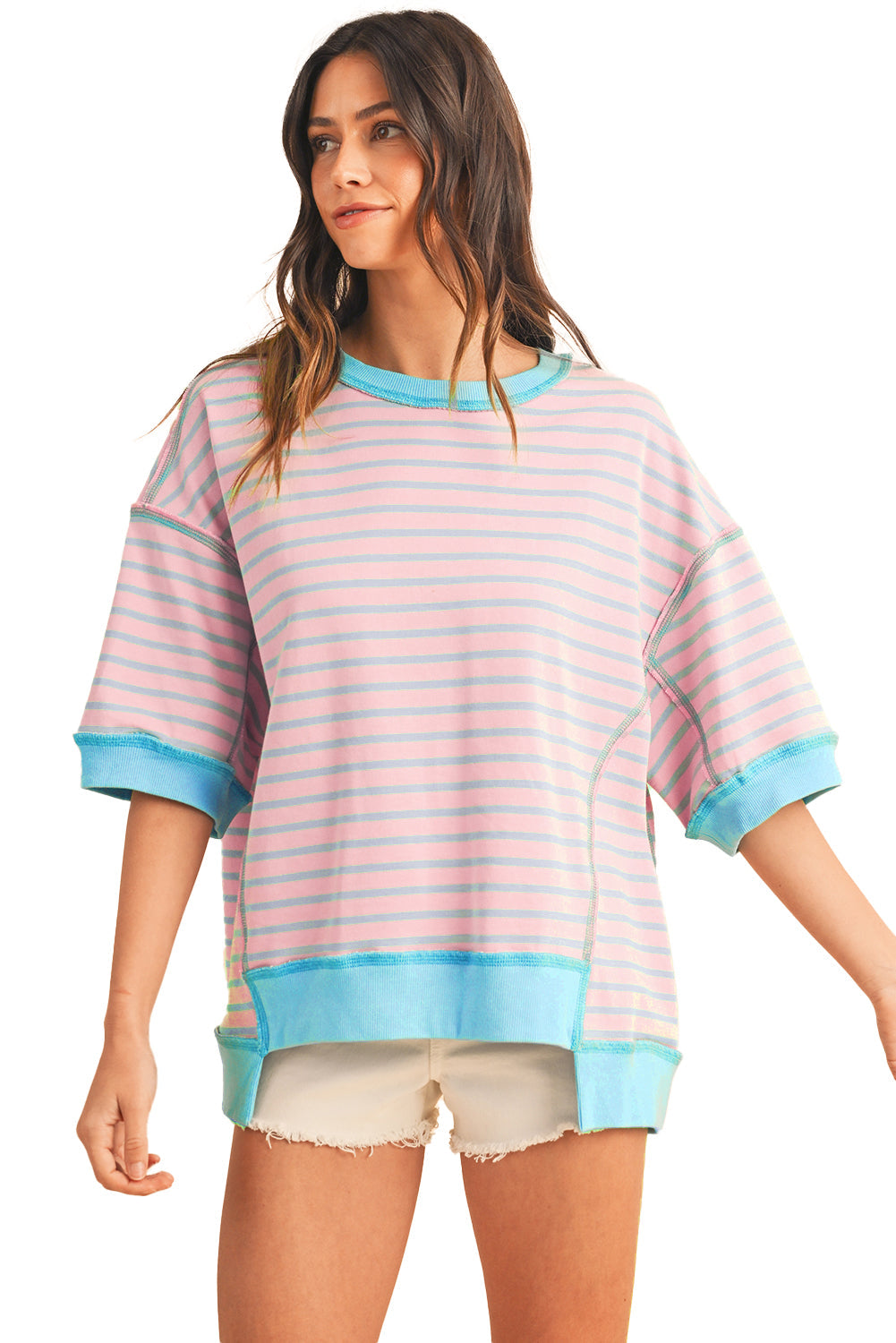 Anna - Horizontal gestreiftes, locker sitzendes T-Shirt mit Kontrastbesatz und weiten, kurzen Ärmeln