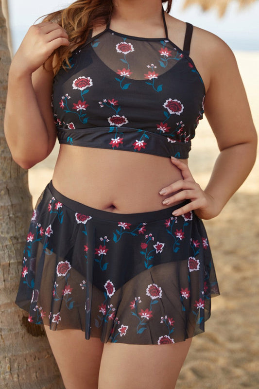 Julia - schwarz plus Größe zwei Stück Bikini-Set von Hosen Rock und Halfter Top transparent mit roten Blumen und verstellbaren Trägern