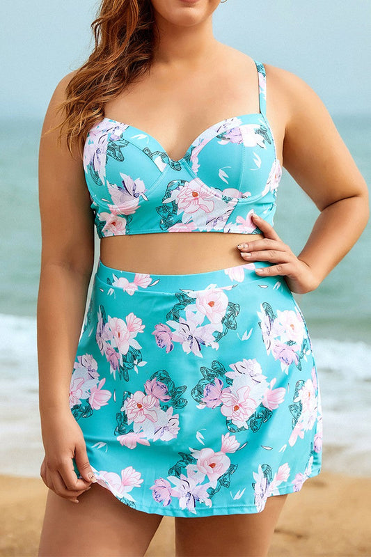 Lotte - Hellblau mit rosa Blumen Zweiteiliges Bikini Set Plus Size mit Balconette BH und Rock