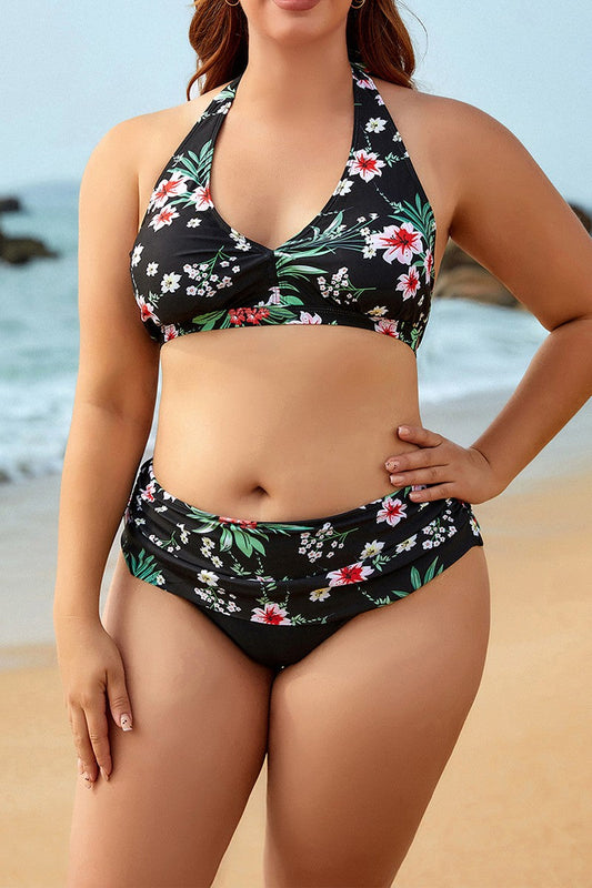 Anna - schwarz plus Größe zwei Stück Bikini-Set mit hoher Taille Unterteil und geblümtem Oberteil mit V-Ausschnitt