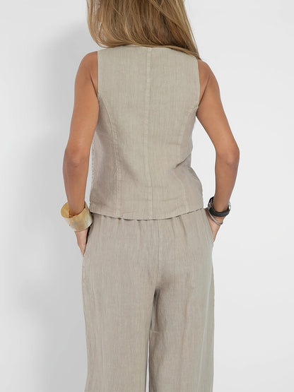Maaike - Zweiteiler für Frauen Set aus Blazer und weiter Hose aus 100% Leinen in beige