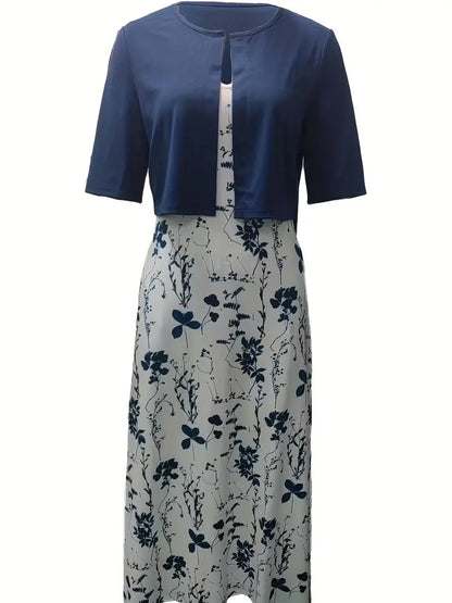 Anna - Elegantes zweiteiliges Set aus einfarbigem Strickjackenoberteil und geblümtem Kleid mit Rundhalsausschnitt