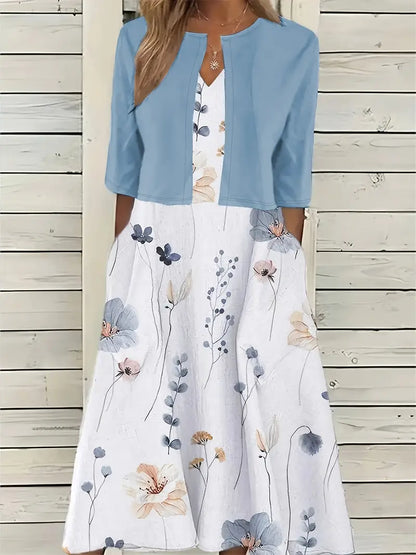 Anna - Elegantes zweiteiliges Set aus einfarbigem Strickjackenoberteil und geblümtem Kleid mit Rundhalsausschnitt