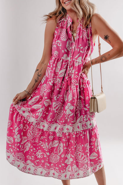 Noor - rosa ärmellos bio Druck Weites Tunika-Midikleid mit Knöpfen V-Ausschnitt
