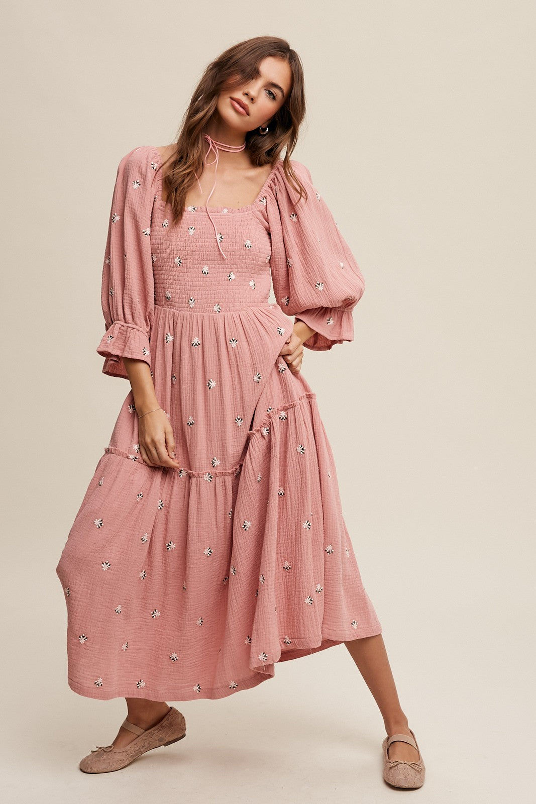 Sophia - Schulterfreies besticktes Midikleid