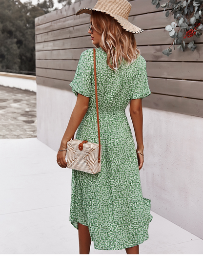 Boho schickes Midikleid mit Knöpfen Kurze Ärmel Bund und V-Ausschnitt