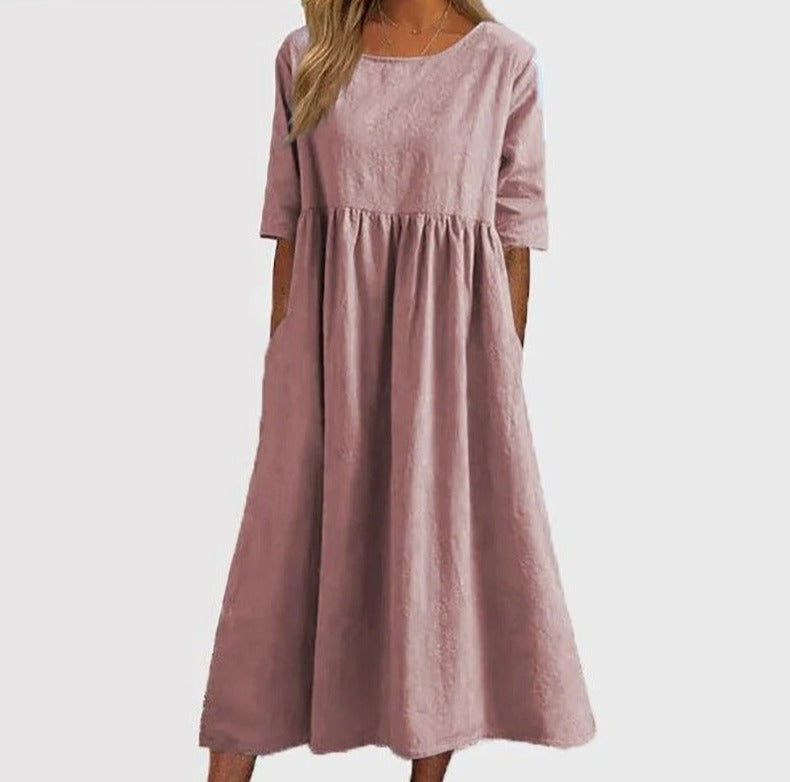 Marina Bequemes Weites Feminines Frühlings Midikleid mit halblangen Ärmeln und hohem Ausschnitt