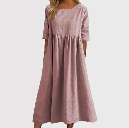 Marina Bequemes Weites Feminines Frühlings Midikleid mit halblangen Ärmeln und hohem Ausschnitt