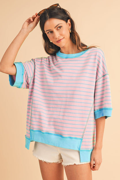 Anna - Horizontal gestreiftes, locker sitzendes T-Shirt mit Kontrastbesatz und weiten, kurzen Ärmeln