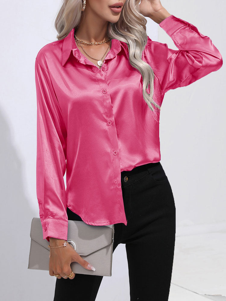 Mallie - Satin glänzende bequeme Knopf Damenbluse