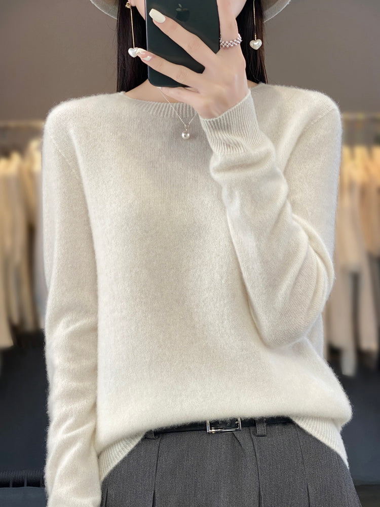 Regina - Blauer Pullover mit O-Ausschnitt aus bequemer Wolle und Kaschmir
