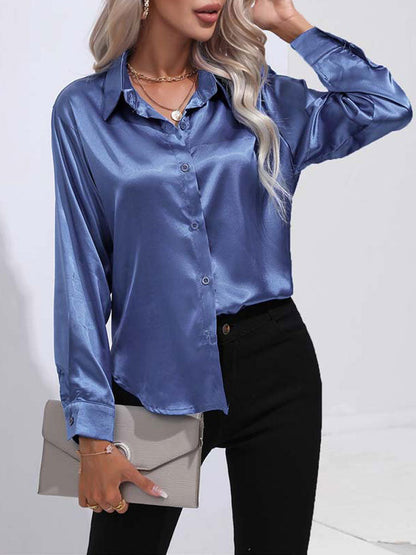 Mallie - Satin glänzende bequeme Knopf Damenbluse