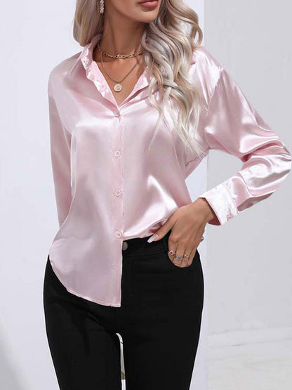 Mallie - Satin glänzende bequeme Knopf Damenbluse