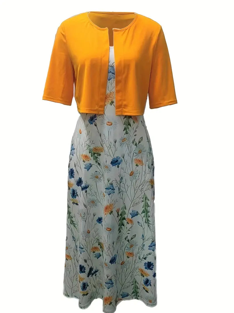 Anna - Elegantes zweiteiliges Set aus einfarbigem Strickjackenoberteil und geblümtem Kleid mit Rundhalsausschnitt