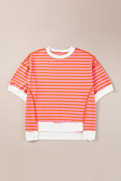 Anna - Horizontal gestreiftes, locker sitzendes T-Shirt mit Kontrastbesatz und weiten, kurzen Ärmeln