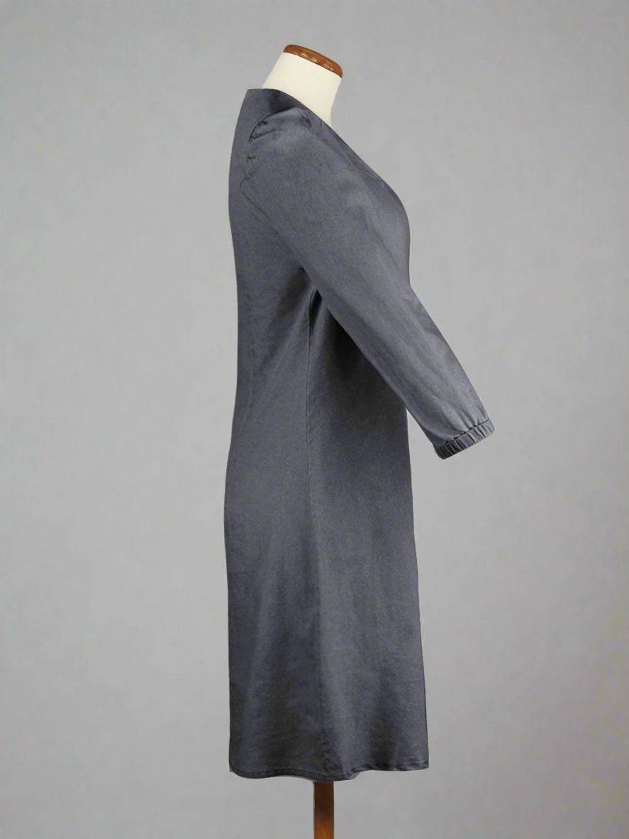 Lily - Denim Kleid mit V-Ausschnitt und Puffärmeln