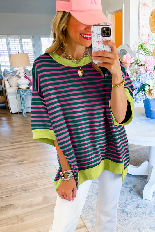 Anna - Horizontal gestreiftes, locker sitzendes T-Shirt mit Kontrastbesatz und weiten, kurzen Ärmeln